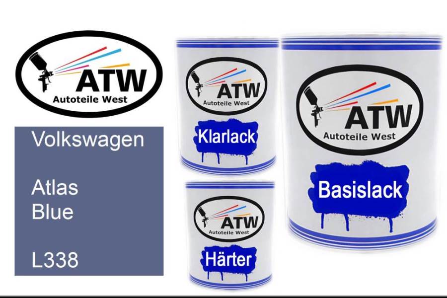 Volkswagen, Atlas Blue, L338: 1L Lackdose + 1L Klarlack + 500ml Härter - Set, von ATW Autoteile West.